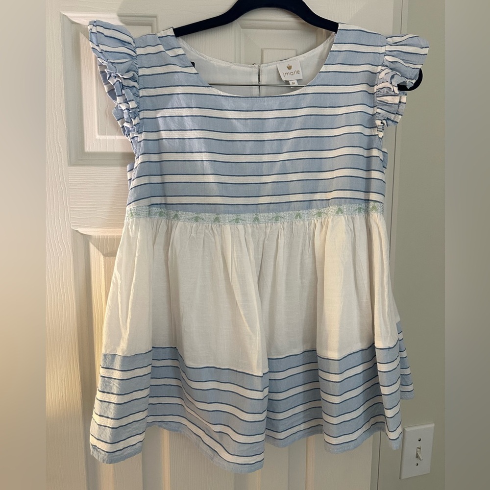 Striped Ruffle Sleeve Blouse in Blue and White